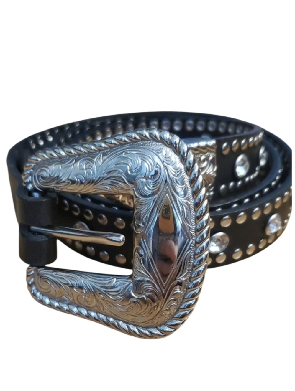 Nacona Women's Western Studded Black M Leather Belt- Silver Buckle & Rhinestones